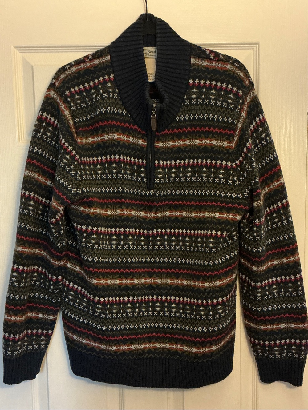 L.L. Bean Men's Olive Green Multicolor Fair Isle Half-Zip Sweater
